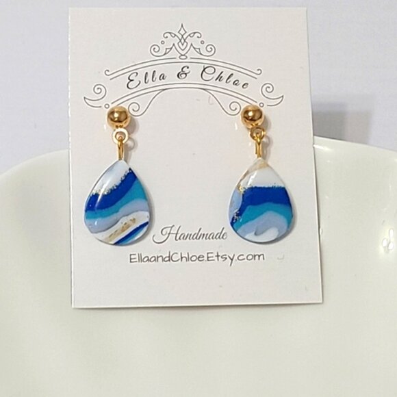Boho Artisan Blue White Gold Ball Teardrop Gemstone Agate Inspired Drop Earrings - Picture 4 of 6